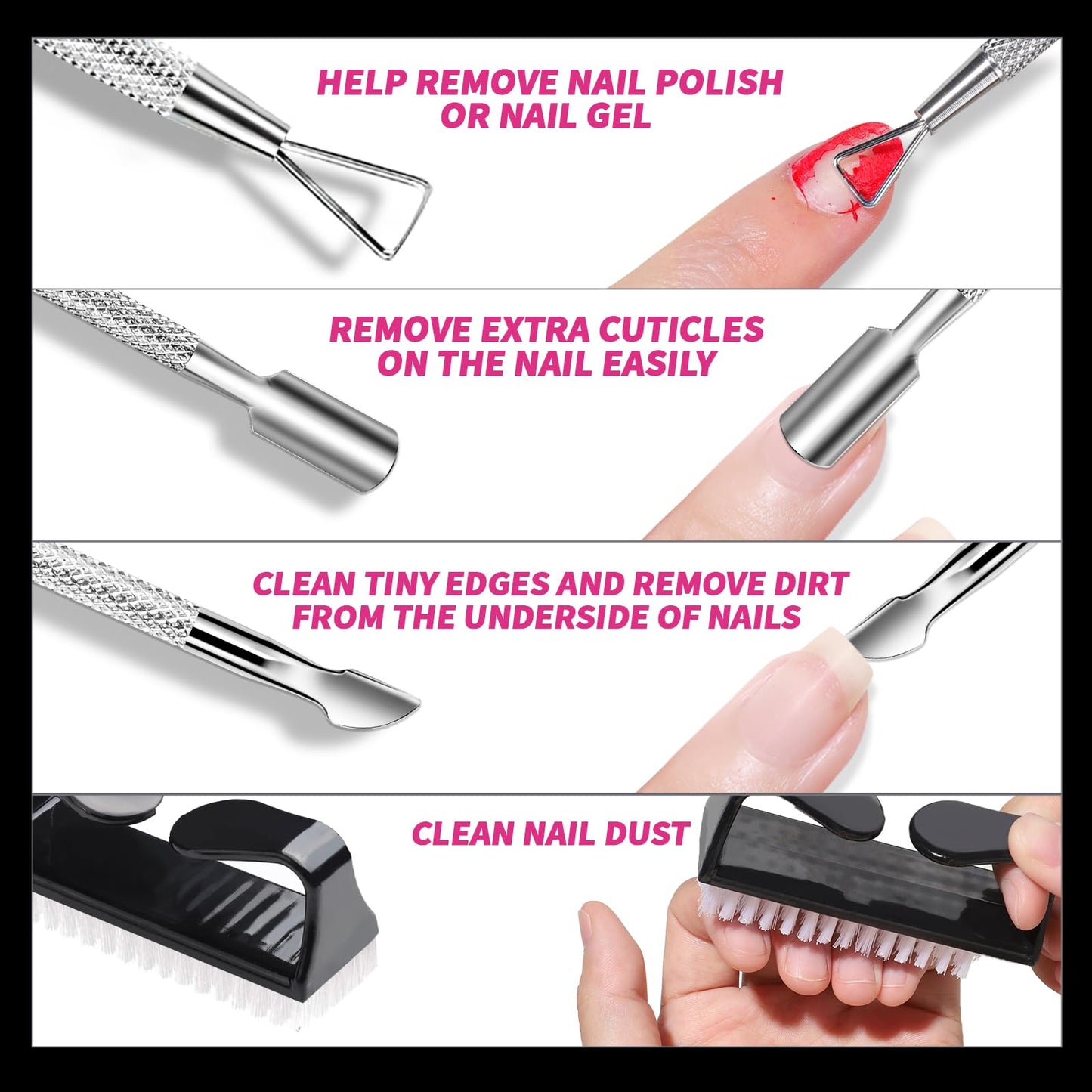 FANDAME Gel Nail Polish Remover Tools Kit, 10 PCS Nail Polish Remover Clips Black, 100ml Nail Polish Remover Bottle, 500PCS Cotton Pad, Nail Brush, Cuticle Pusher, Nail File, Buffer Block Tools kit
