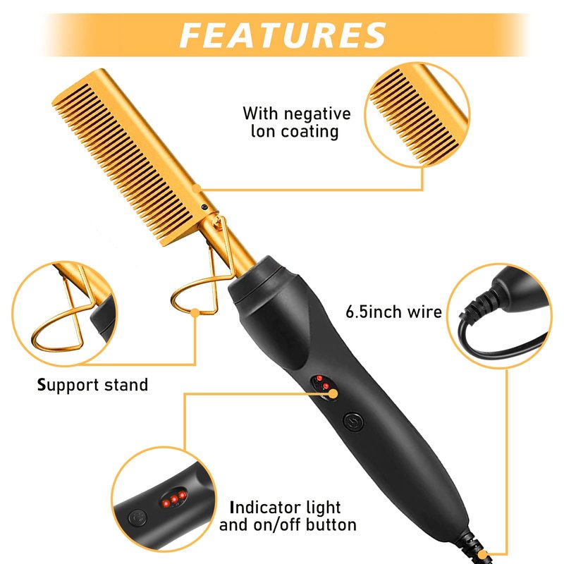 Diamond Electric Adjustable Temperature Hair Straightener Brush Set for Wigs and Natural Black Hair (Gold)