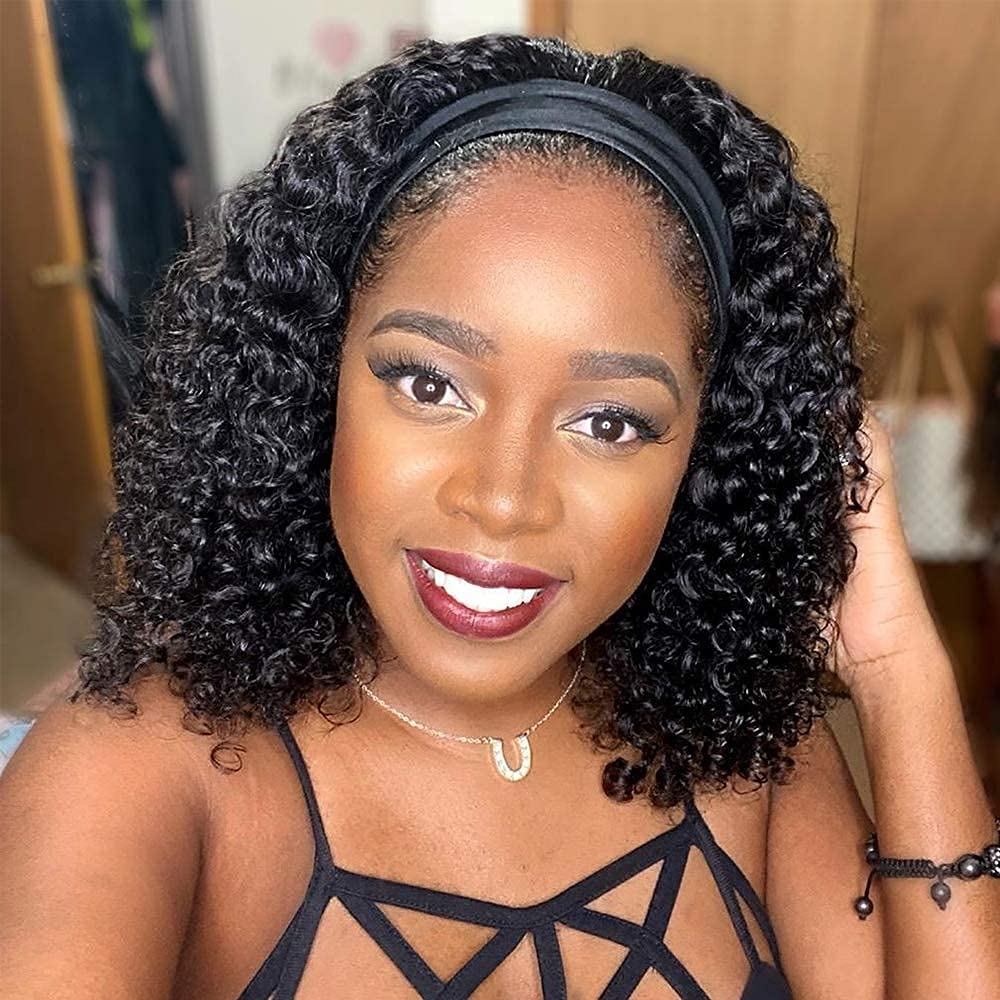 mengkai Deep Wave Lace Front Wigs Human Hair For Women Headband Wig Human Hair Deep Wave Glueless None Lace Front Wig Curly Headband Half Wigs for Women Brazilian Virgin Machine Made Wig 12 Inch