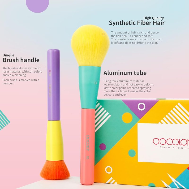 Docolor Makeup Brushes - 15-Piece Colorful Synthetic Brush Set for Face & Eyes | Premium Kabuki, Contour, Blush, and Eyeshadow Tools