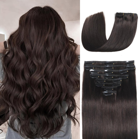 Real Human Hair Clip-In Extensions - 16 Inch, 90g Seamless Double Weft, Dark Brown | 8 Pieces
