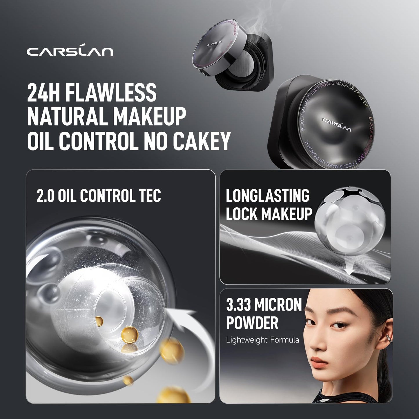 CARSLAN 2.0 Black Magnet Soft Focus Make Up Powder, Waterproof Loose Setting Powder, 24H Longlasting, Oil Control, Talc-Free Face Powder, Cool Version, 05 Translucent For Dry&Com Skin, 0.28Oz