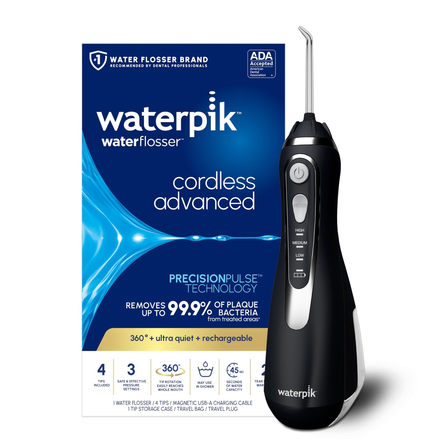 Waterpik Cordless Advanced Water Flosser for Teeth, Gums, Braces, Dental Care with Travel Bag and 4 Tips, ADA Accepted, Rechargeable, Portable, and Waterproof