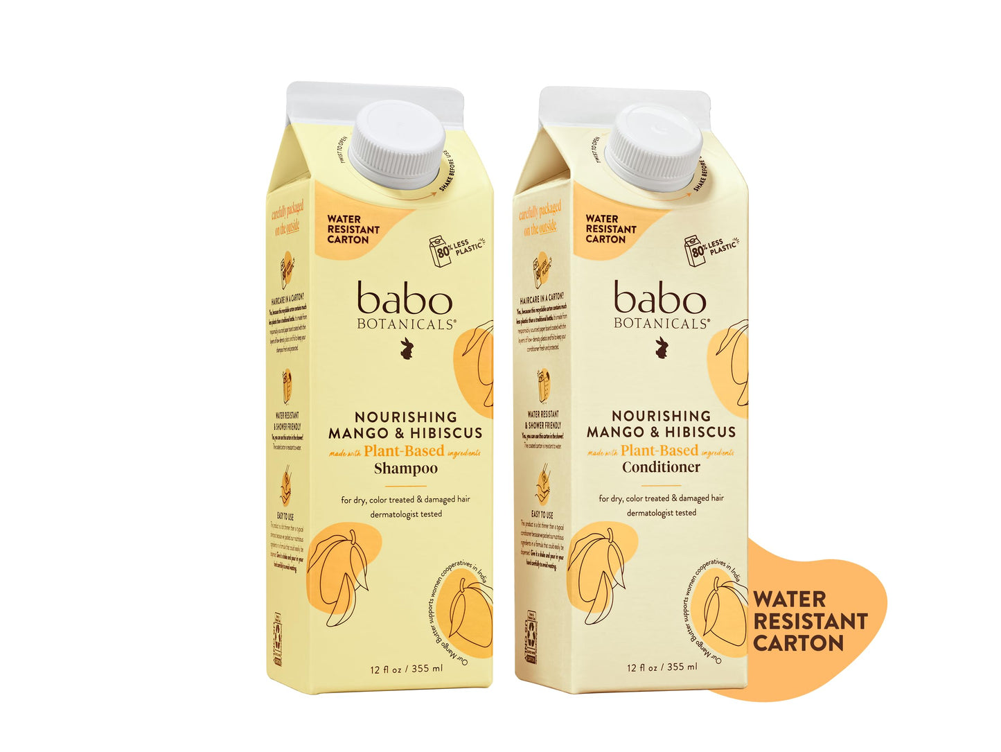 Babo Botanicals Nourishing Mango & Hibiscus Shampoo & Conditioner - For Dry, Damaged, Color-Treated Hair – Moisturize & Soften – Water-Resistant Carton 80% Less Plastic – Vegan – Silicone Free
