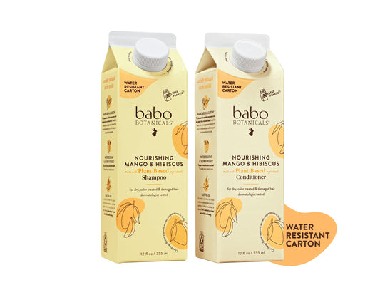 Babo Botanicals Nourishing Mango & Hibiscus Shampoo & Conditioner - For Dry, Damaged, Color-Treated Hair – Moisturize & Soften – Water-Resistant Carton 80% Less Plastic – Vegan – Silicone Free
