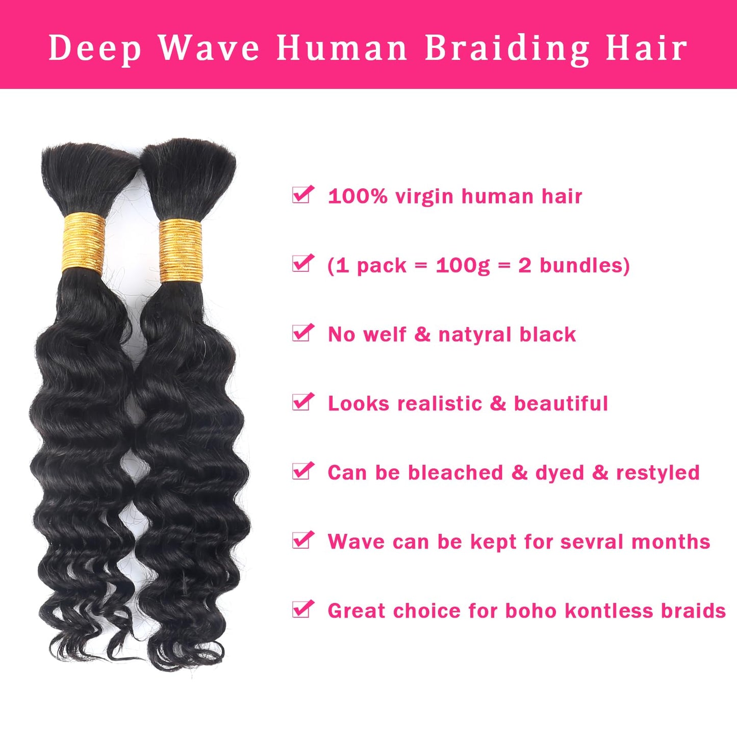 B-Fashion Human Braiding Hair for Boho Braids Deep Wave Bulk Human Hair for Braiding 18 Inch 2 Bundles 100G 100% Brazilian Wet and Wavy Curly Extensions No Weft Bundles