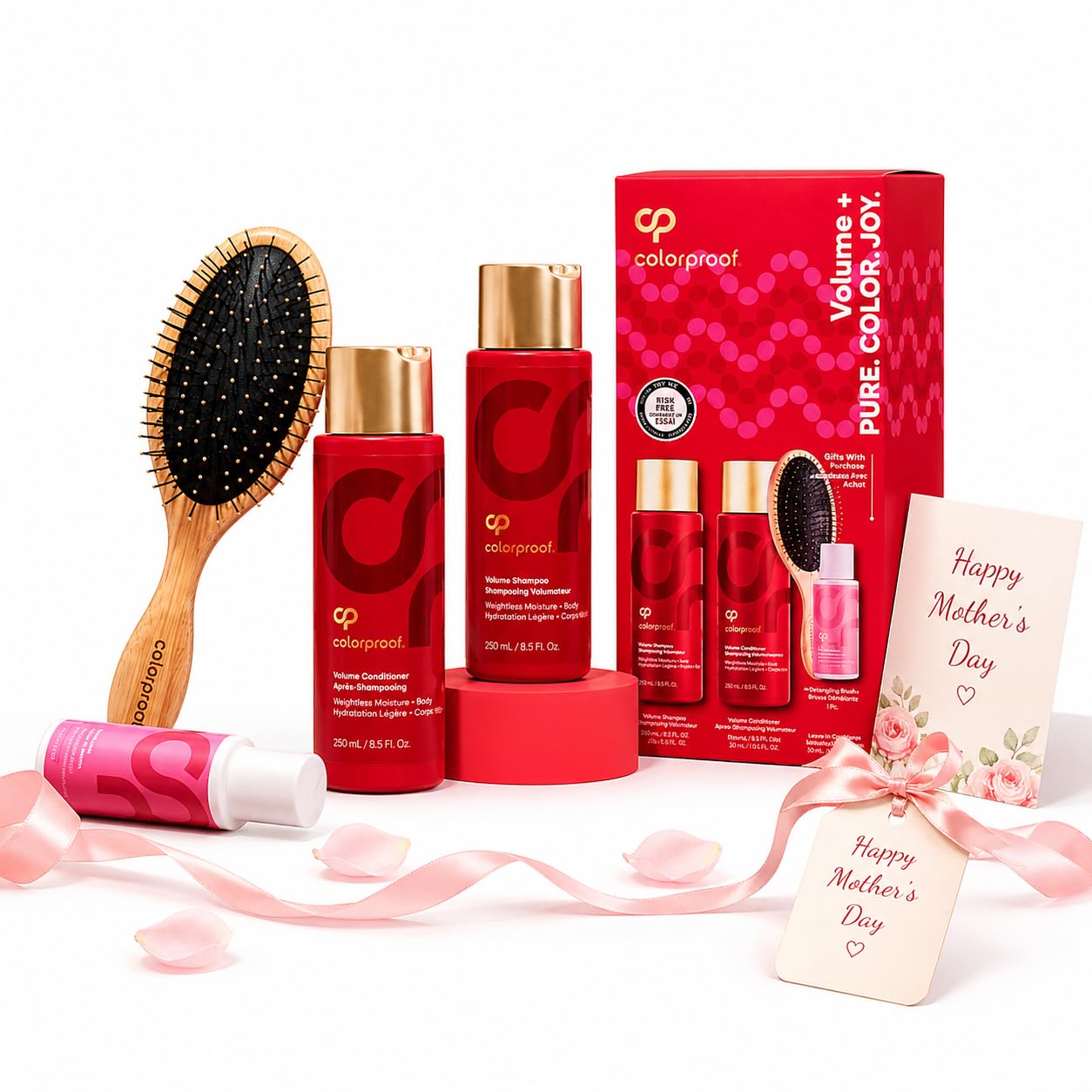 ColorProof Mothers Day Volumizing Gift Set | Relaxation Gifts For Women Hair Care | Complete Set With Volume Shampoo, Conditioner, Overnight Serum & Detangling Brush | Shower Gift Box For Women