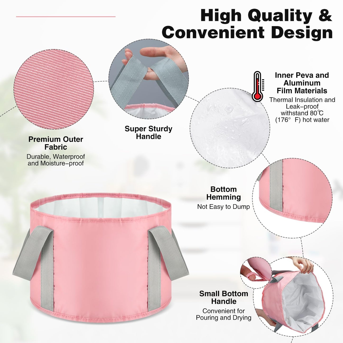 Maxcheck 14L 6 Pcs Pink Collapsible Foot Basin Tub Portable Soaking Feet Bath Bag Foldable Bucket with Handles Pedicure Foot Spa Tub for Travel Camping Outdoor Washing