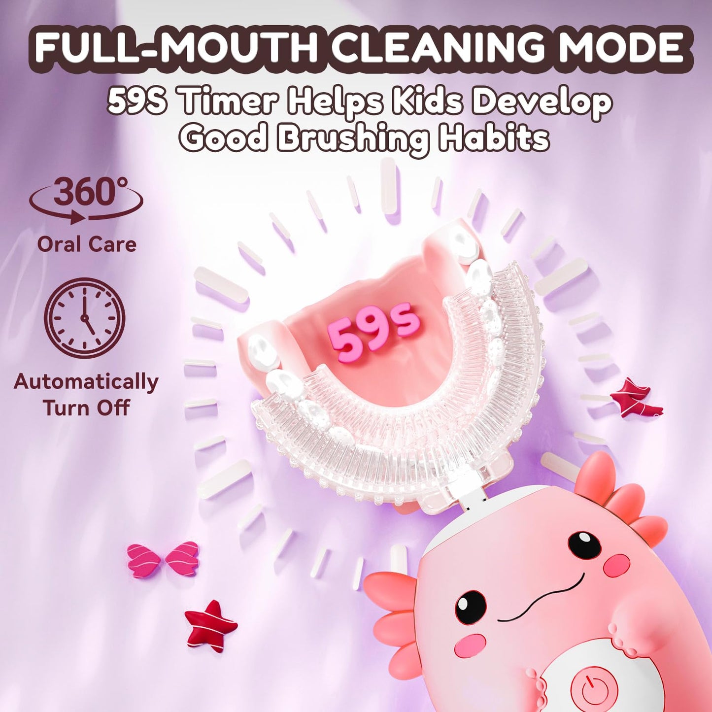 Kids Electric U Shaped Automatic Toothbrush,Cute Axolotl-Age 2-15 Pink