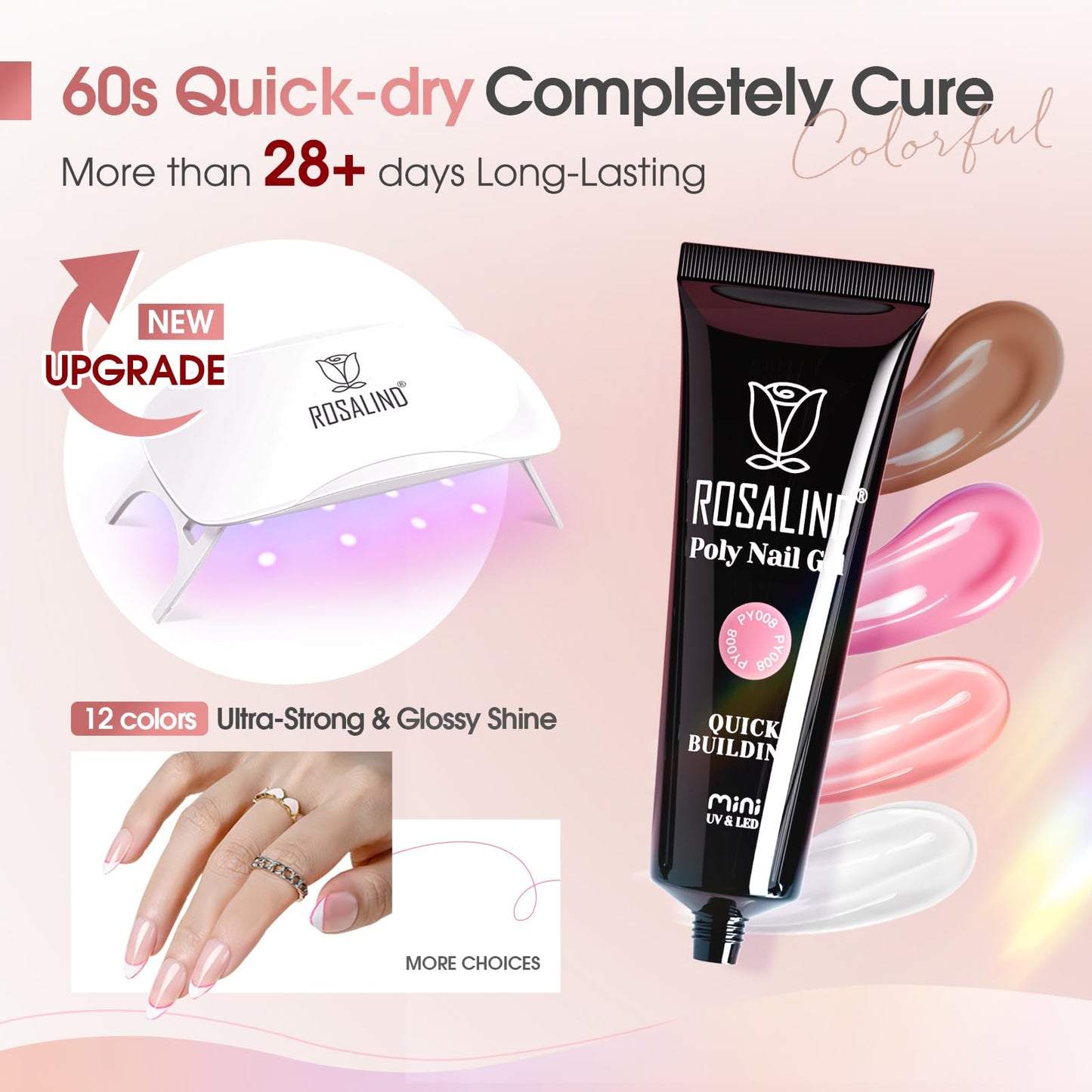 ROSALIND 12PCS Pink Brown Christmas Poly Nail Gel Kit with Mini Nail Lamp White Glitter Pink Poly Extension Gel Set 0.34oz/10ml with Slip Solution Basic Tools for Beginners with Everything