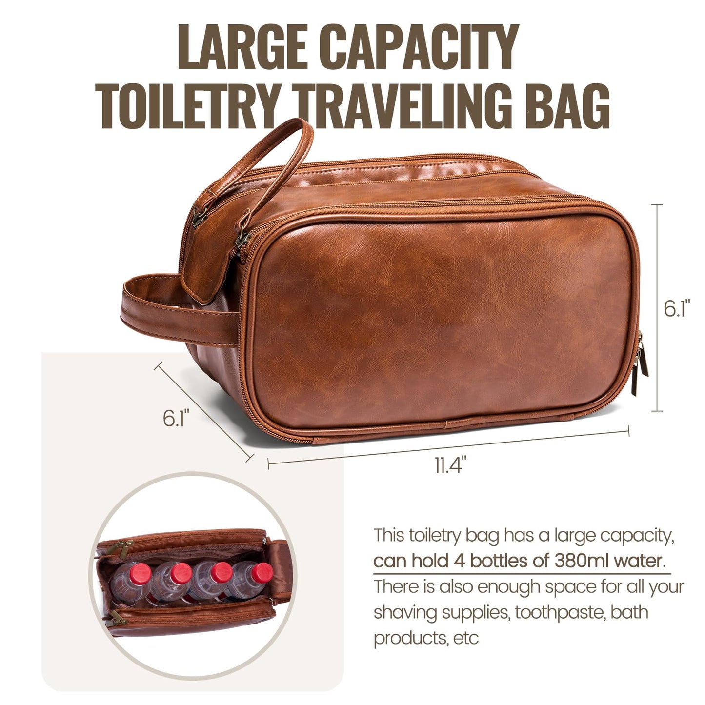 IUI Toiletry Bag for Men - Large Mens Travel Bag Toiletries Organizer- Shaving Bag for Toiletry Bathroom Water-resistant Hanging Dopp Kit PU Leather Cosmetic Bags for Traveling, Brown