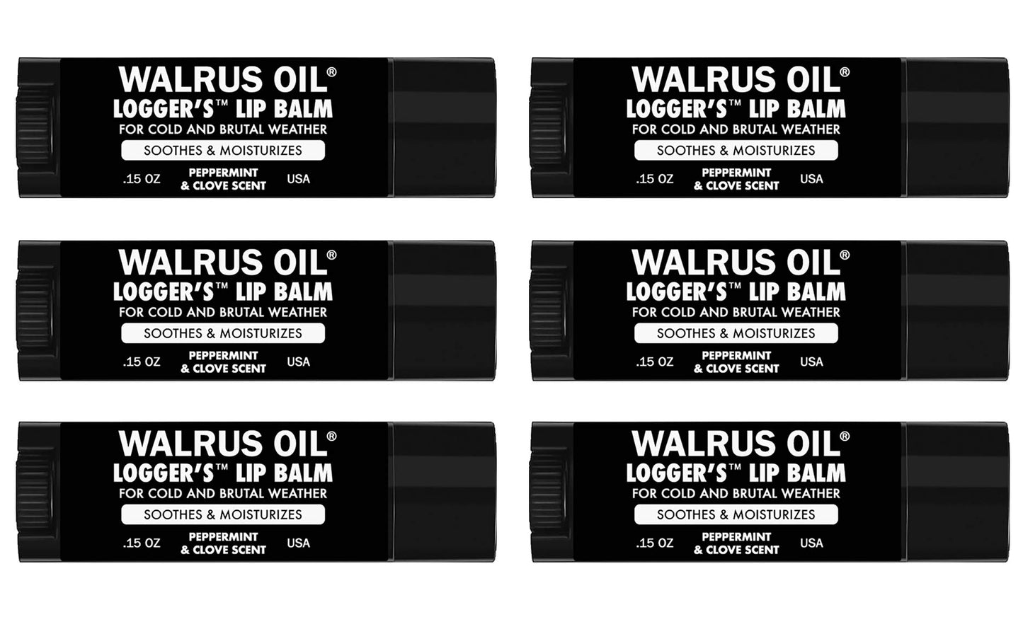 WALRUS OIL - Logger's Lip Balm, 6-Pack, 100% Vegan and Beeswax-Free, Made with Candelilla Wax, Coconut Oil, Jojoba Oil, and Natural Ingredients.
