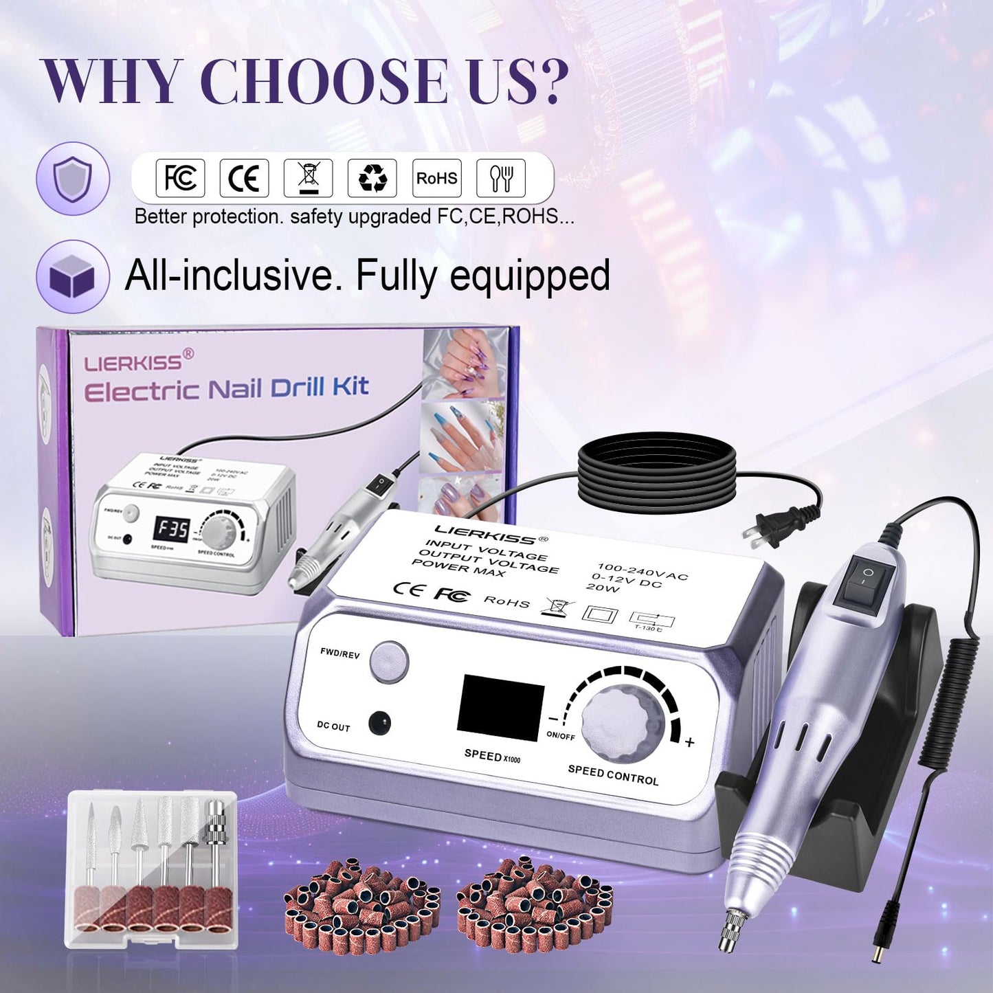 LIERKISS Nail Drill 35000RPM Electric Nail File Drill Nails Machine - Professional Nails Drill with 100pcs Sanding Bands and Nail Drill Bits for Acrylic, Gel Nail Manicure & Pedicure