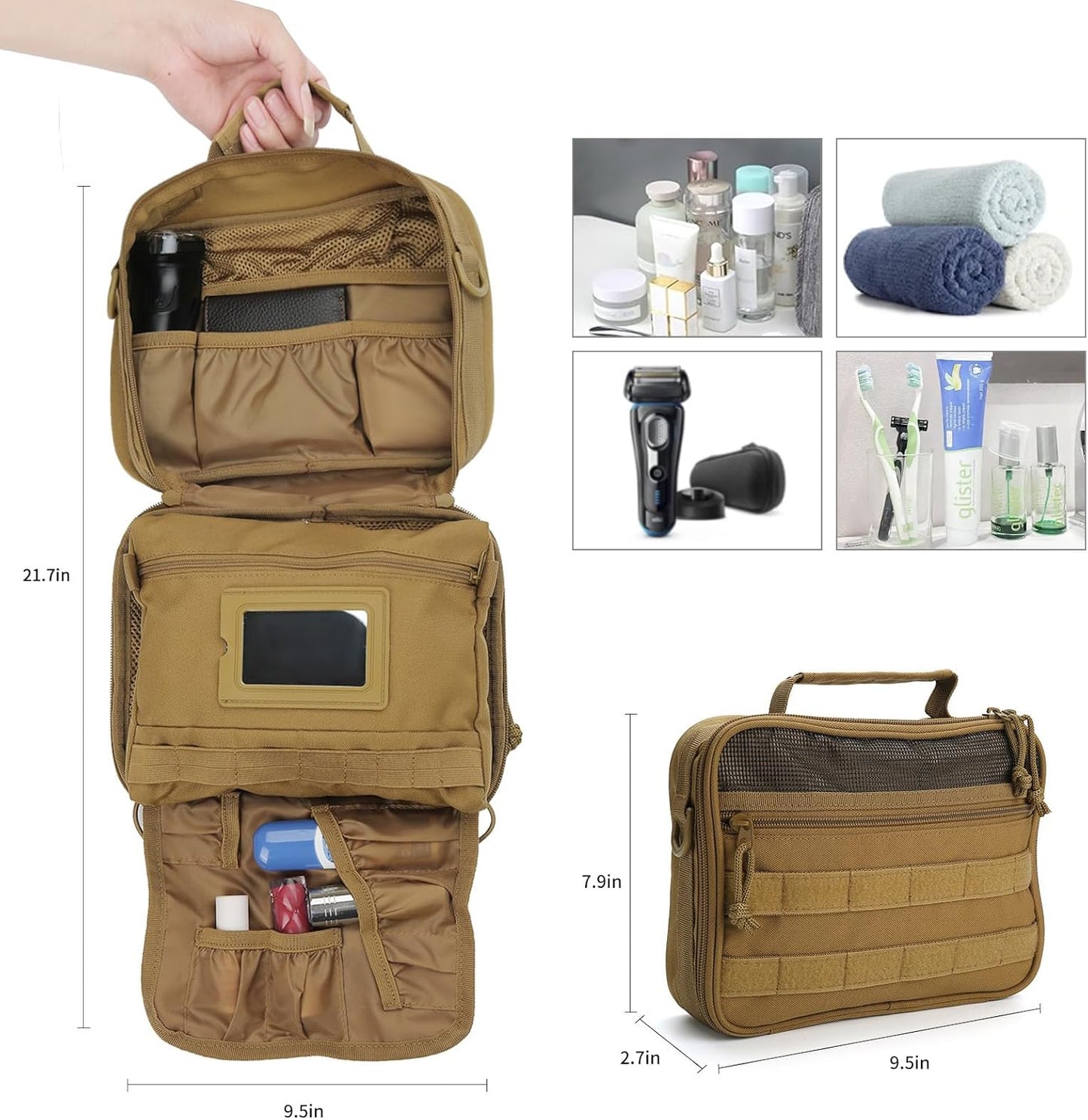 Tactical Travel Toiletry Bag - Hanging Organizer for Men & Women | Dopp Kit for Camping & Short Trips - Khaki