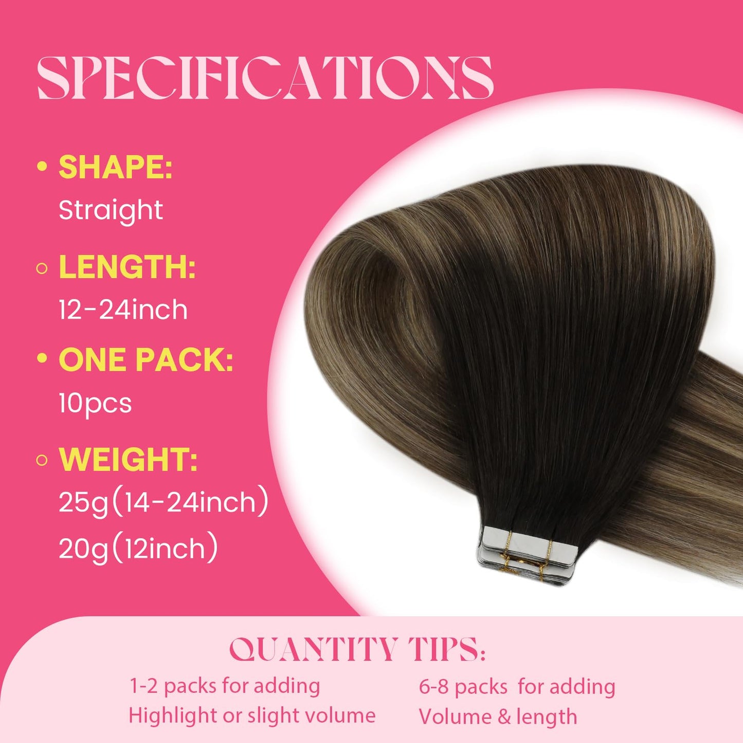 Ve Sunny Tape in Hair Extensions Real Human Hair Invisible Remy Human Hair Straight Tape Ins Double Sided Natural Black Ombre Dark Brown Balayage Ash Blonde 20 inch 10Pcs 25G