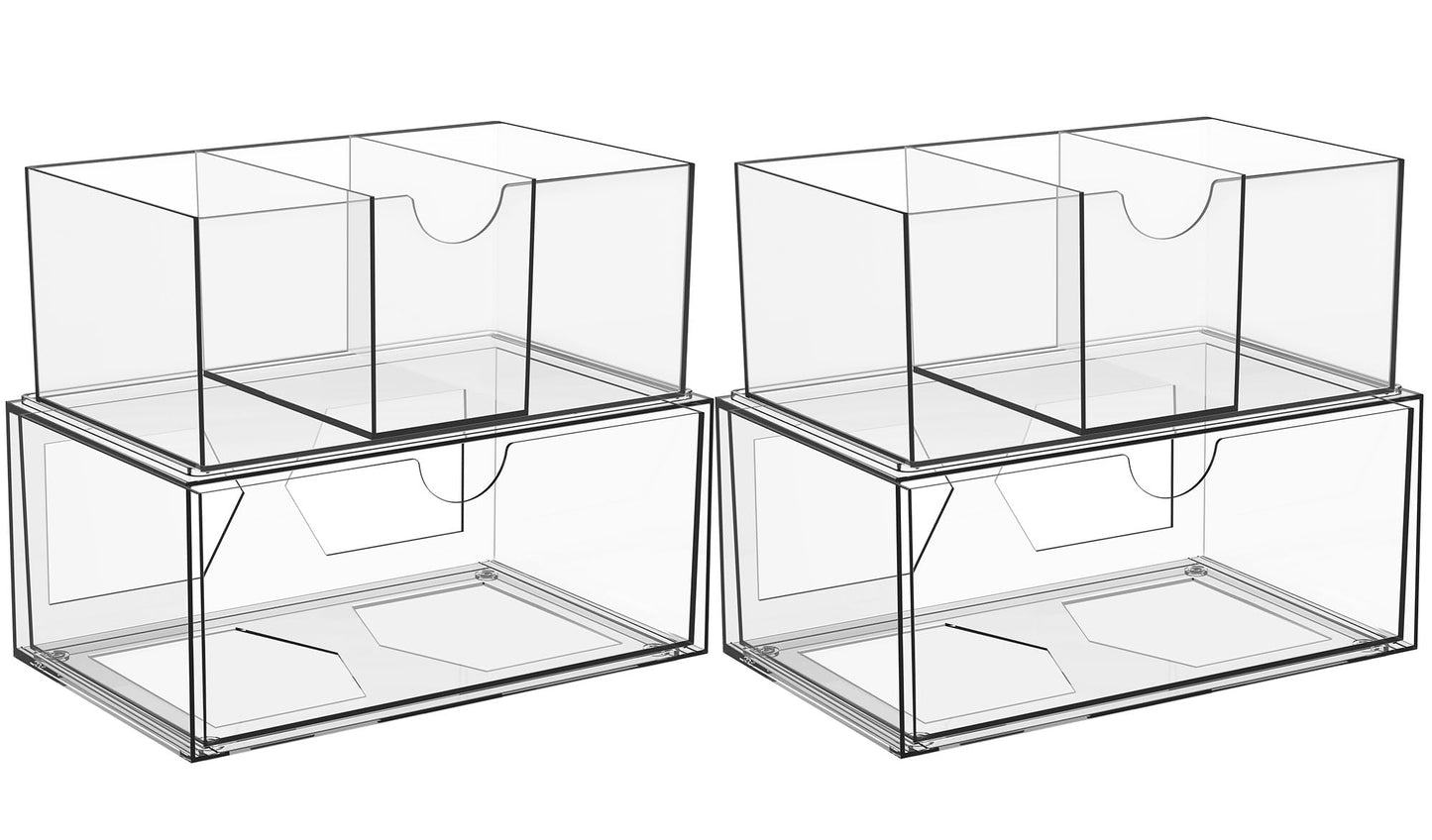 IceFun 4 Pack Large Stackable Storage Drawers,Acrylic Bathroom Kitchen Cabinet Undersink Makeup Organizer With 2 Pack Divider.