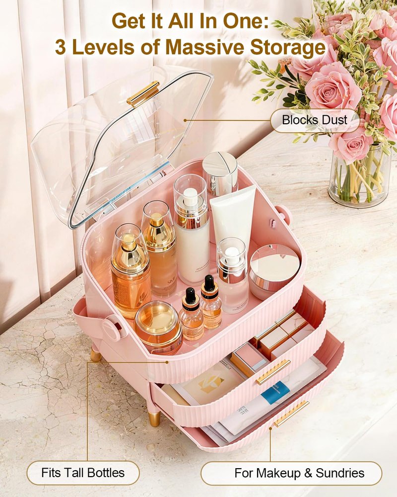 Bleutty Clear Makeup Organizer Countertop with Drawers and Lid, Dustproof Organizers and Storage for Bathroom Vanity, Ideal for Cosmetic, Beauty Supplies -Black
