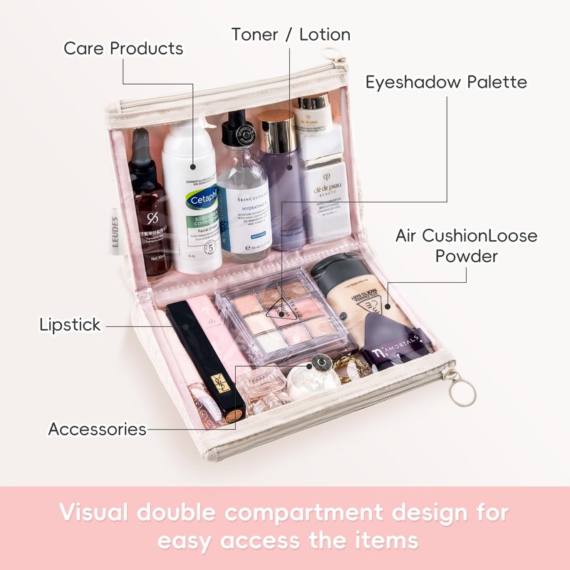 Leudes Makeup Bag Travel Essentials Cute Skincare Pouch Purse Cosmetic Bags for Women Traveling Make Up Organizer Portable Clear Case Toiletry Bag with Zipper (Pink, Medium)