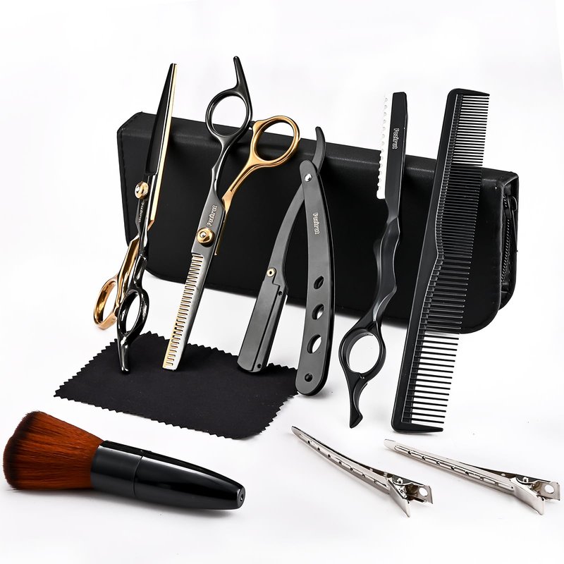 Barber Hair Cutting Scissors Set, Fozirut Professional Haircut Scissors Thinning Shears Straight Edge Razor Barber Accessories Hair Trimming Kit, Hairdresser Tools Haircutting Shears Pro for Men Women