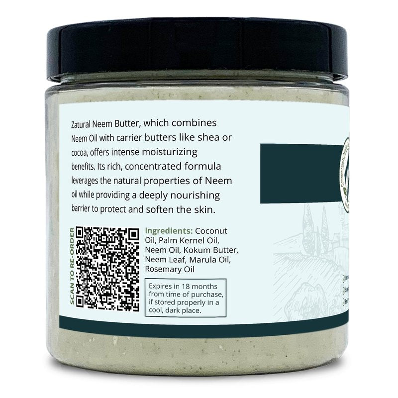 Zatural Organic Neem Butter-Coconut Oil, Neem Oil, Neem Leaf, Marula Oil, Kokum Butter, Rosemary, For Sensitive Skin, Itchy Skin, 2 Pack, 8 oz.