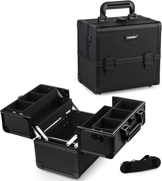 Professional Portable Aluminum Makeup Case - Secure Cosmetics Storage Box with 2 Decks | Black Diamond