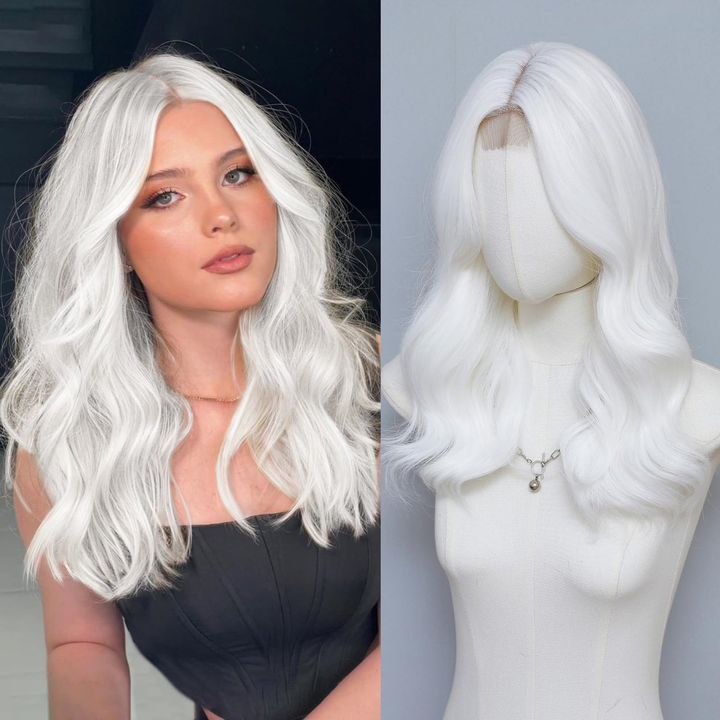 MORICA White Wigs for Women 18 Inch Middle Part Medium Length Short Curly Wavy Wigs,Natural Synthetic Hair Womens Wigs for Daily Party/Halloween Use（18inch，White）