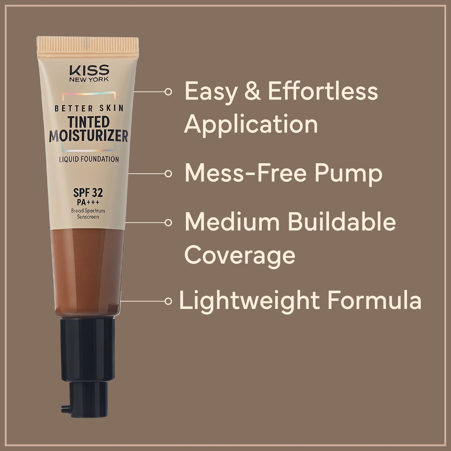 Kiss New York Tinted Moisturizer with SPF 32 PA+++ (Deep Honey) With Kabuki Brush,12 Hour Hydrating Sunscreen for Face, No White Cast for Dark Tones, Natural Finish With Hyaluronic Acid, Vitamin E