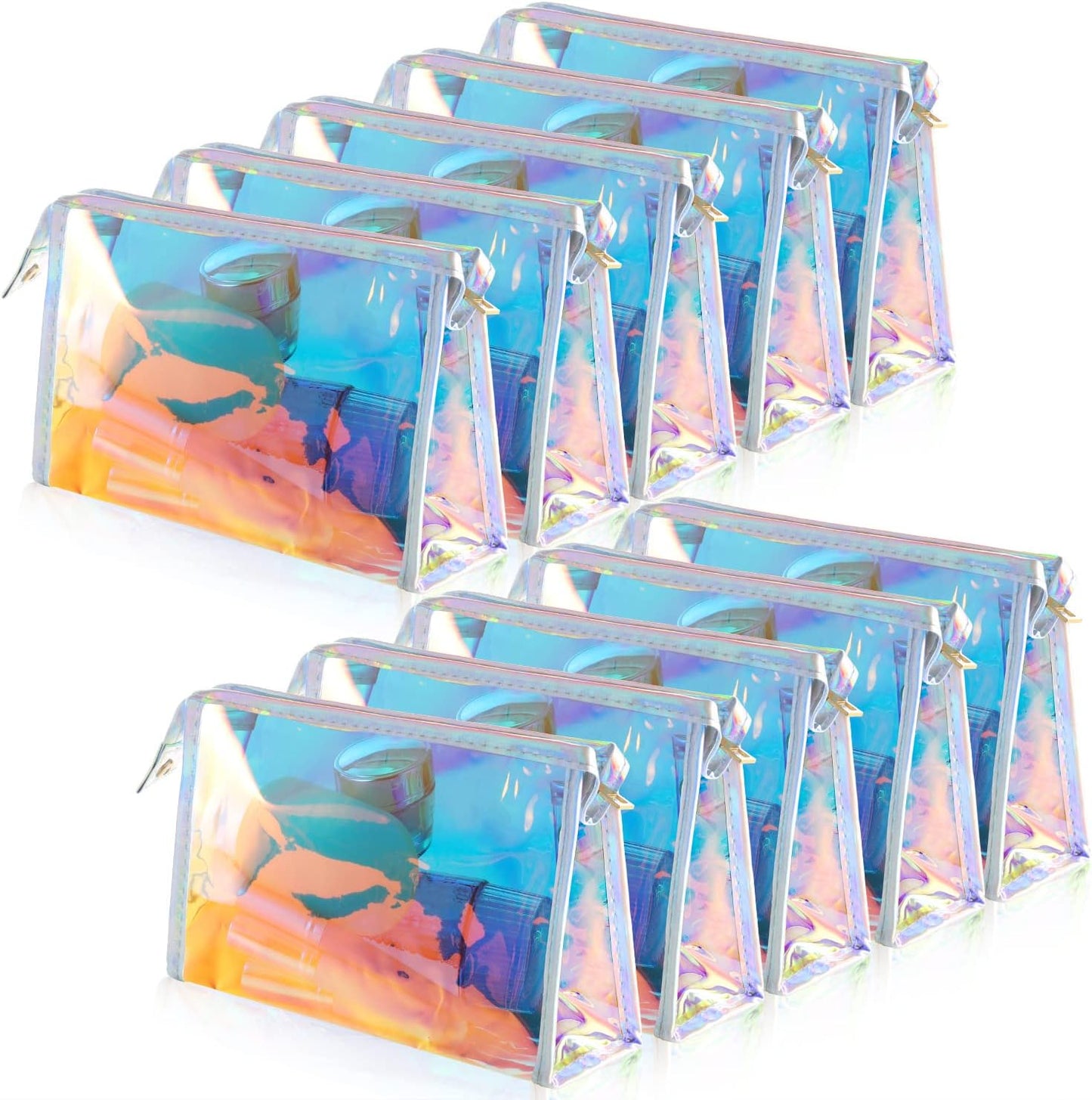 Holographic Makeup Bags - 10 Pcs Clear PVC Zippered Toiletry Pouches | Waterproof Iridescent Cosmetic Bags for Travel & Parties