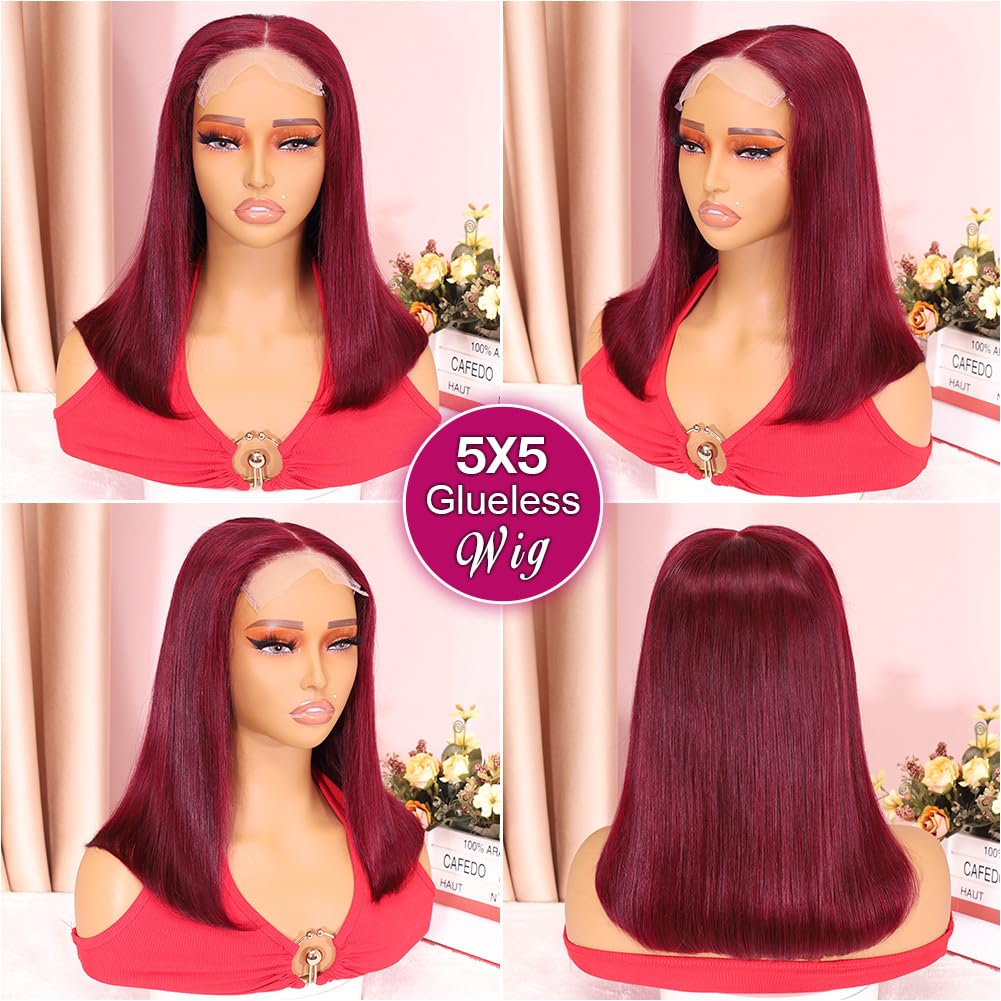 Ailwelia Wear and Go Glueless Bob Wig Human Hair 200% Density 5x5 HD Lace Closure Wigs For Black Women Glueless 5x5 Closure Wigs Human Hair Pre Plucked Bob Burgundy Color 14 Inch