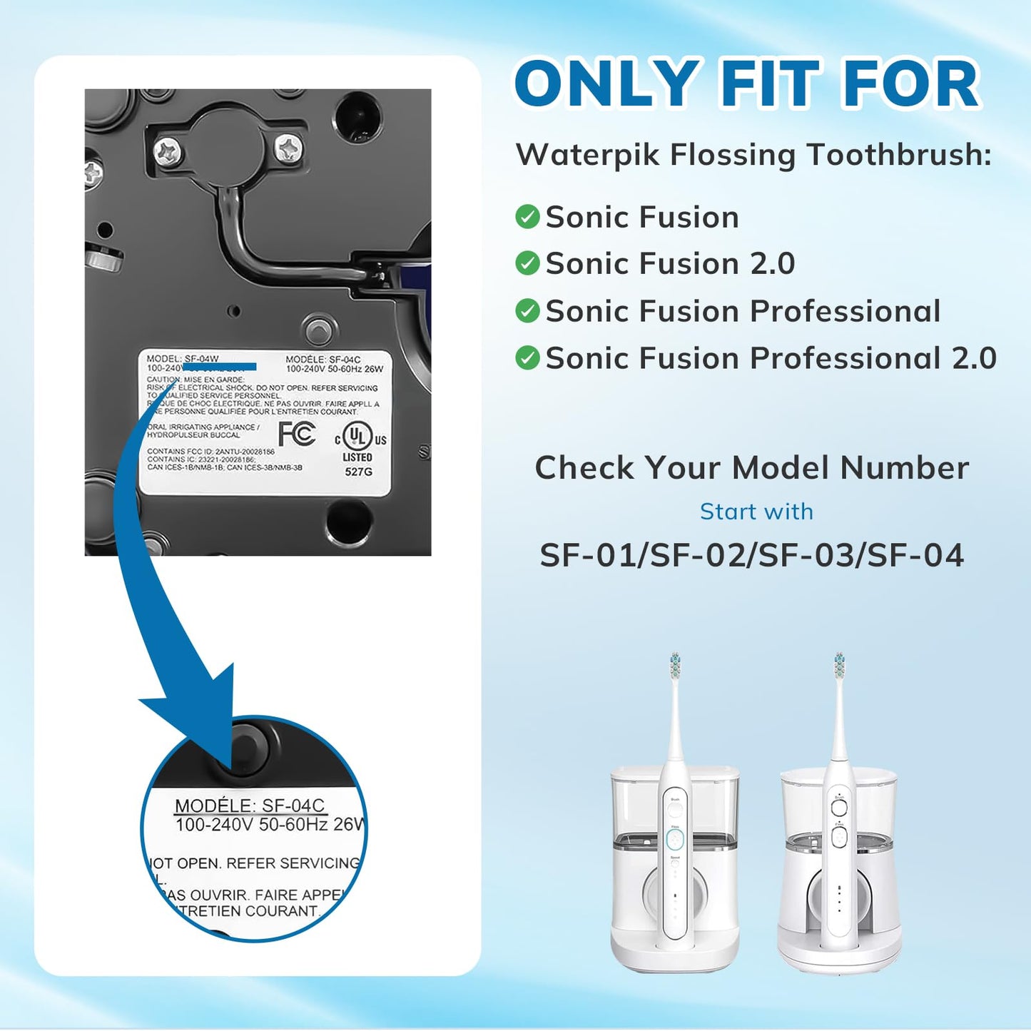 6 Pack Replacement Replacement Brush Heads for 𝗪𝗮𝘁𝗲𝗿𝗽𝗶𝗸 𝐒𝐨𝐧𝐢𝐜-𝐅𝐮𝐬𝐢𝐨𝐧 Flossing Toothbrush Compatible with Sonic Fusion SF01/SF02 and Sonic Fusion 2.0 SF03/SF04- White with Caps