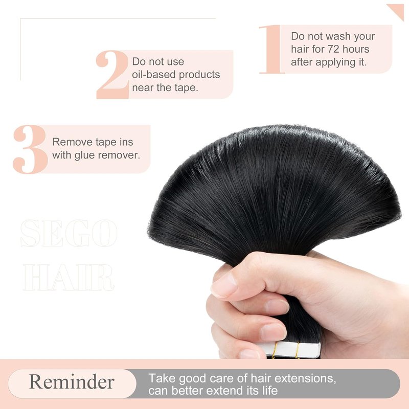 Tape In Hair Extensions - 16 Inch Black Remy Human Hair, 20pcs 50g | Straight #01 Jet Black