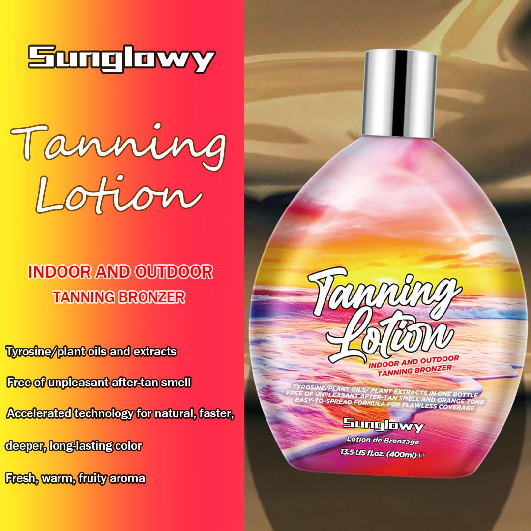 Sunglowy Bronzing Brown Lotion for Indoor Tanning Beds Lotions with Bronzer and Accelerator, Indoor Outdoor Suntan Lotion for Sunbeds w/Tattoo Protecting Formula, DHA Free, 13.5oz