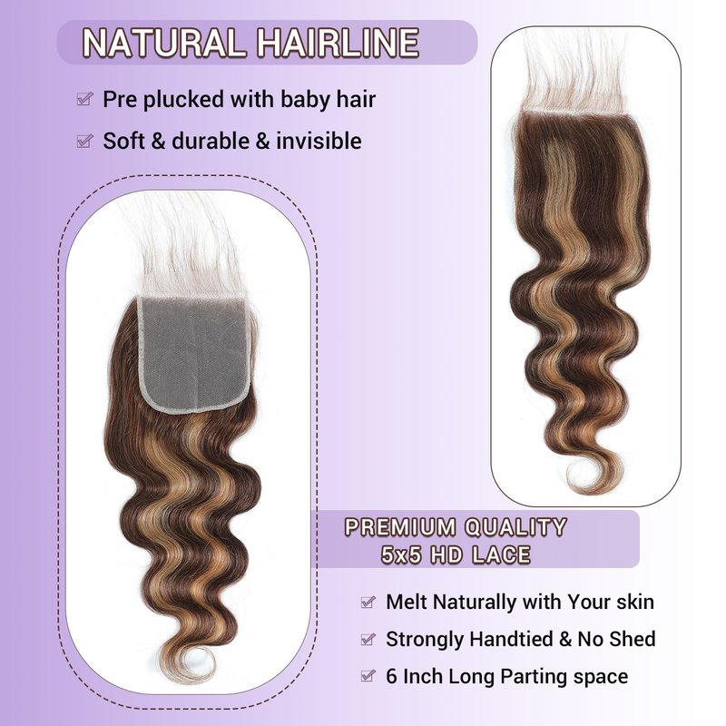DSEKCAIN 27# Honey Blonde 2x6 Body Wave Lace Closure 100% Real Human Hair 14 Inch