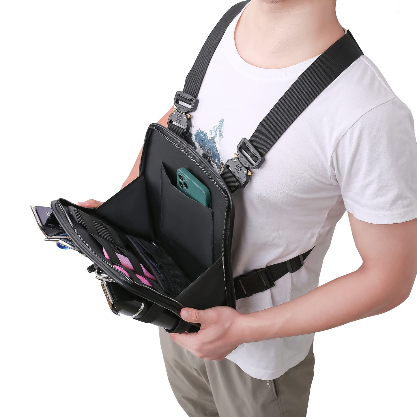 Muserise Leather Fashionable & Functional Chest Rig Bag for Barbers, Stylish Haircut Tools Storage Chest Bag for Barber (Olive)