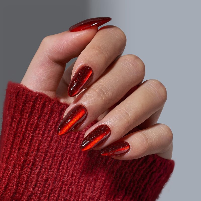 BTArtbox Press On Nails Almond - Deep Red Sparkly Press On Nails with Glue for Women, Glossy Soft Gel Glue On Nails in 15 Sizes - 30 Stick On Nails Kit for Christmas, Mystic Ruby