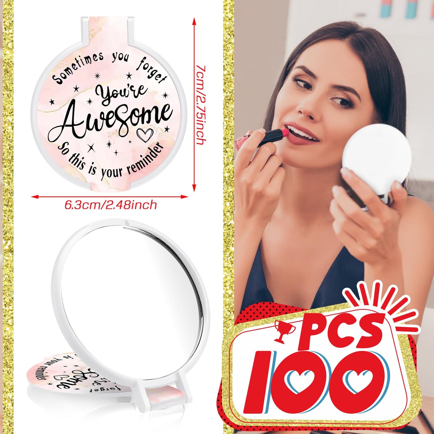 Huwena 100 Pcs Inspirational Compact Mirror Bulk Mini Gifts Women Round Purse Pocket Mirror, Mothers Day Employee Appreciation Gifts, Wedding Party Favors for Guests(Pink,Inspirational)