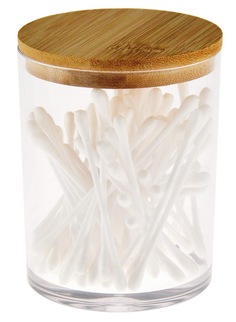 ARAD 3 Pcs Cotton Ball, Swab, Q-tip Storage, Clear Acrylic Jar Container with Bamboo Lid, Easy Organization on Bathroom Counters, Under Sink Placement or Vanity Tables-3.25" D x 4.5" H