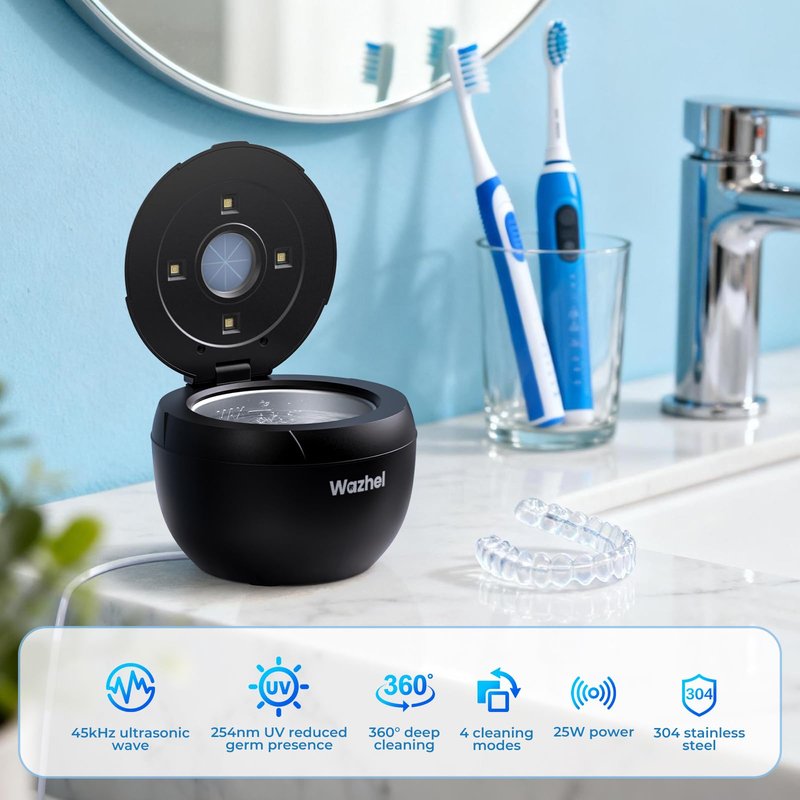 Wazhel Ultrasonic Retainer Cleaner Machine, 45kHz Dental Cleaning Pod for Denture, Mouth Guard, Night Guard, Aligner, Braces, Toothbrush, 200ML Denture Cleaner with Digital Timer & 4 Modes, Black