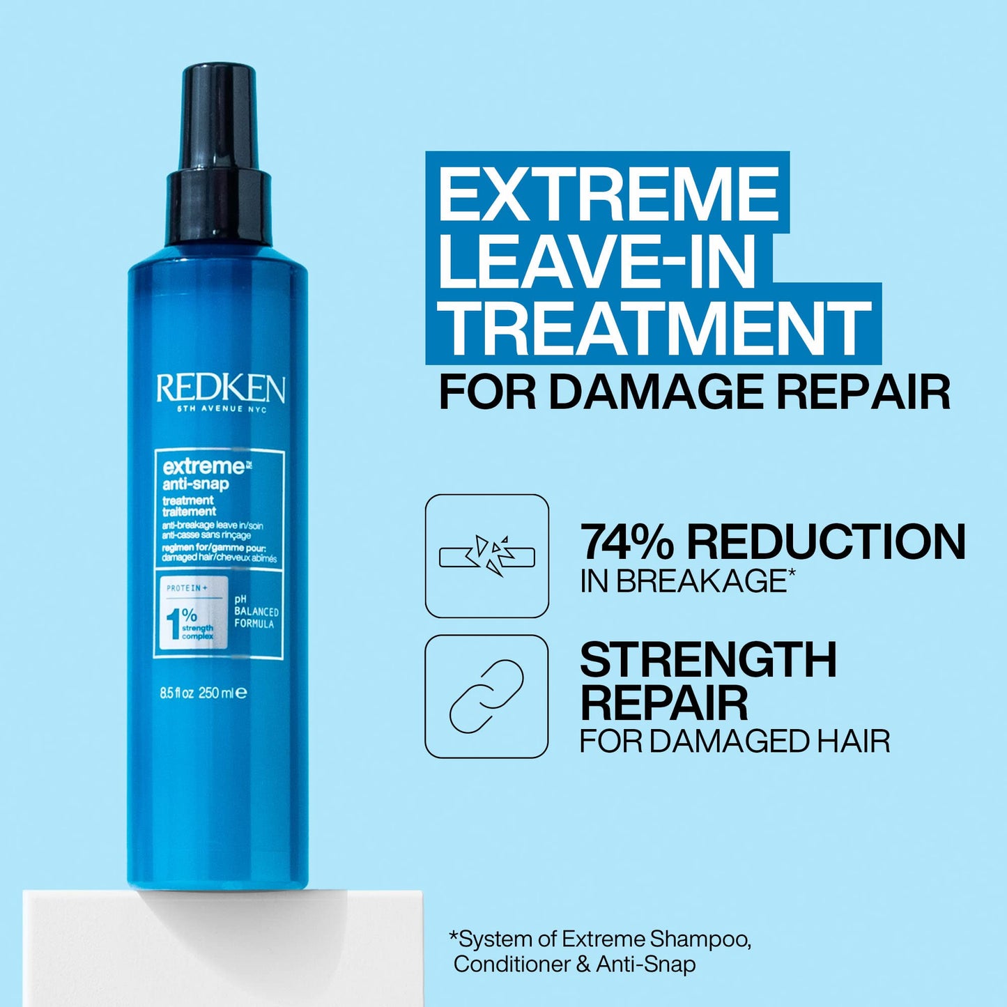 Redken Extreme Shampoo, Conditioner & Anti-Snap Leave-In Treatment Set For Damaged Hair - Repairs and Reduces Breakage, Infused With Proteins