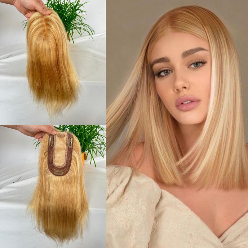 Voloria Clip in Hair Toppers Hairpiece for Women Real Human Pieces Silk Base Skin Wig Extensions for Hair Loss Grey Thinning 12 Inch (#27 Piano #613, 3x5inch)