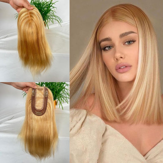 Voloria Clip in Hair Toppers Hairpiece for Women Real Human Pieces Silk Base Skin Wig Extensions for Hair Loss Grey Thinning 12 Inch (#27 Piano #613, 3x5inch)