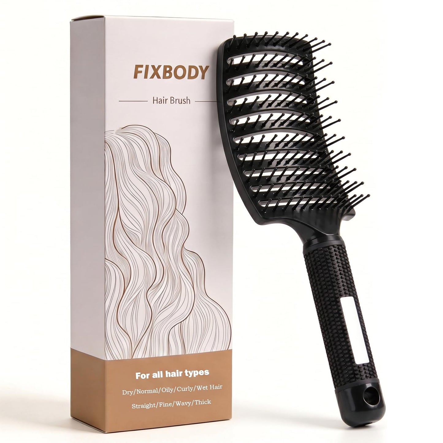 FIXBODY Detangling Vented Curved Hair Brush for Women Men Kids Wet Dry Use (Black-Nylon)