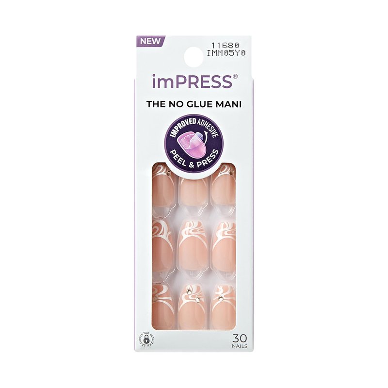 KISS imPRESS No Glue Mani 30 Pcs Press On Nails, Easy Apply, Hassel-Free Removal, Simple Peel & Press, Essential Tools Included, Prep Pad, Instructions Sheet, 1 Manicure Stick, 1 Mini File (Ace)