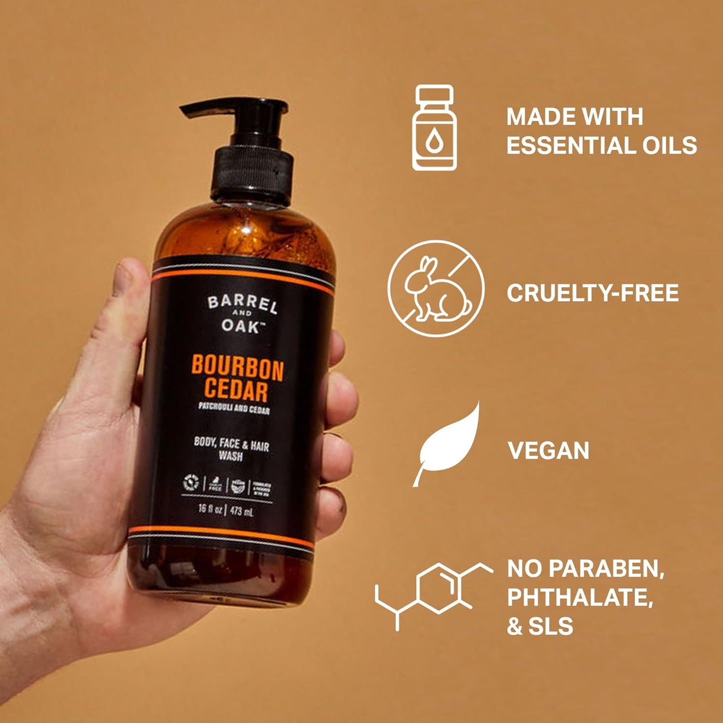 Barrel & Oak All-in-One Wash - Vegan Hydrating Face, Hair & Body Cleanser | Bourbon Cedar, 16 oz