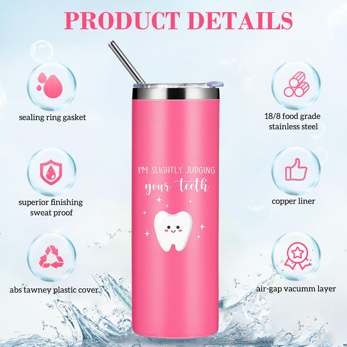 Maxcheck 4 Pcs Teeth Gifts Dental Hygienist Graduation Gifts Bulk 20 oz Stainless Steel Tumbler with Straw Lid Brush Canvas Bag Teeth Socks Dentist Keychain for Nurse Dental Hygienist(Pink)