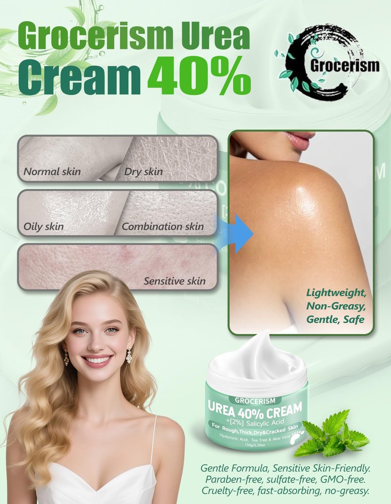 Grocerism Urea Cream 40 Percent For Feet Plus 2% Salicylic Acid 5.29 oz || Foot Cream and Hand Cream Maximum Strength with Hyaluronic Acid,Tea Tree,and Aloe Vera For Deep Moisturizes,Callus Remover
