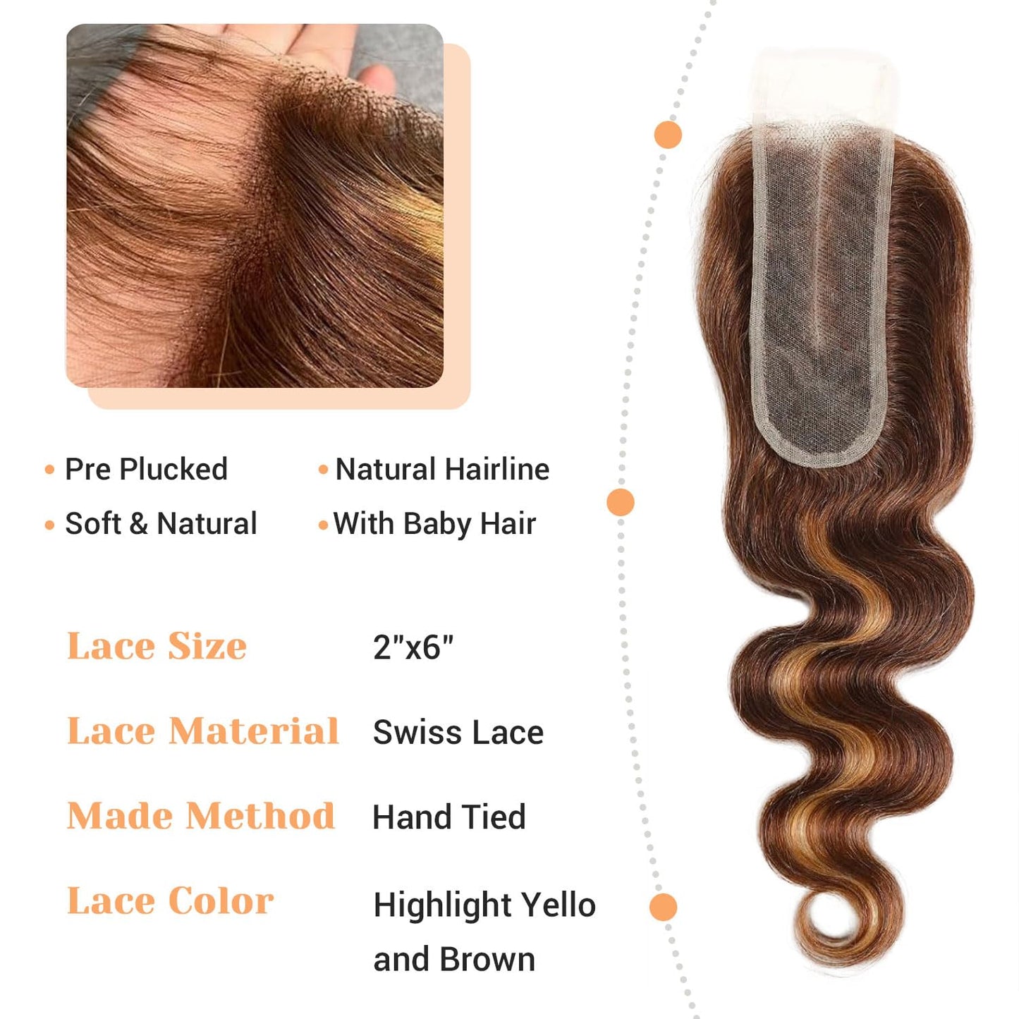 2x6 HD Lace Closure P4/27 Highlight Body Wave Transparent 2 by 6 HD Lace Closure Human Hair 10 Inch Brazilian Virgin Unprocessed Middle Part Closure