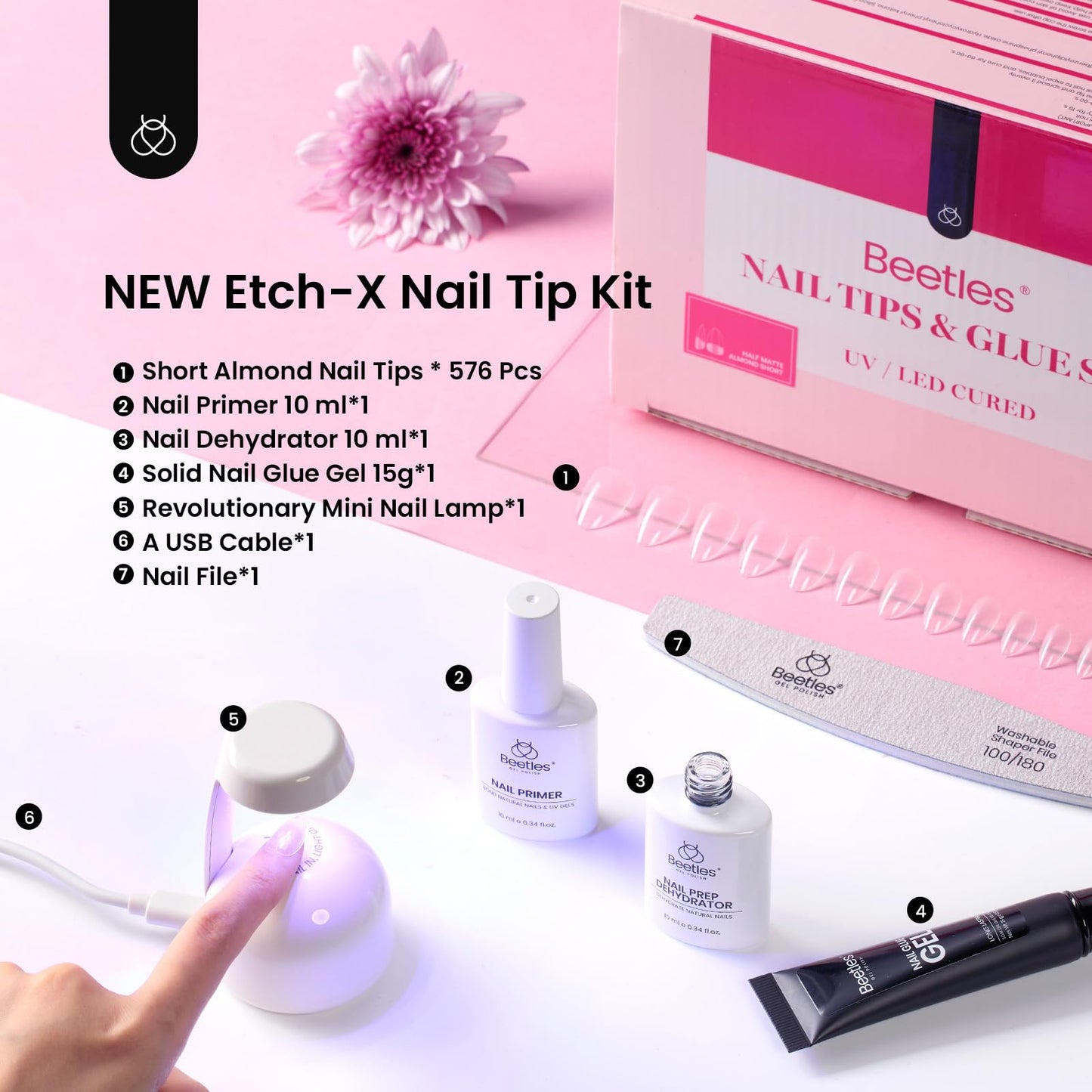 Beetles Gel Nail Kit Short Almond, with Dehydrator and Primer, 576Pcs Half Matte Etch-X Gel Nail Tips Solid Nail Glue Mini Lamp Acrylic Tips Easy DIY Extension Set Gift for Women