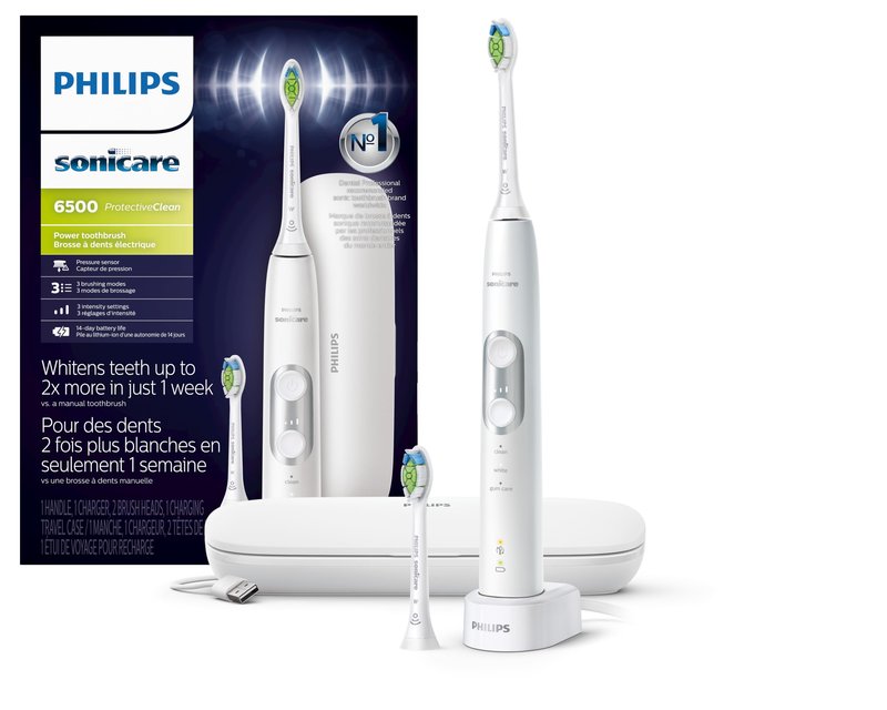 Philips Sonicare ProtectiveClean 6500 Rechargeable Electric Toothbrush, with Pressure Sensor, 3 Cleaning Modes, SmarTimer and QuadPacer, 14-Day Battery Life, Charging Travel Case, White, HX6462/05