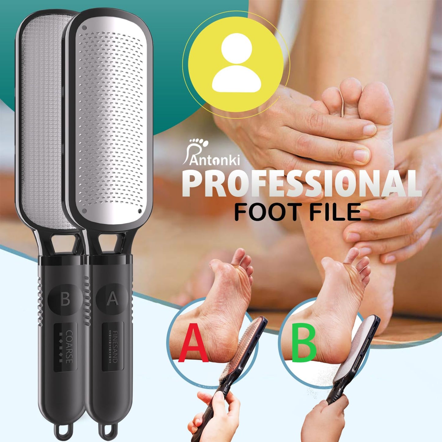 Antonki Foot File for Dead Skin, Double Sided Callus Remover for Feet, Metal Foot Scrubber for Cracked Heel, Professional Foot Scraper Rasp Pedicure Tool to Remove Hard Skin - 2 in 1 Foot File